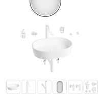 Накладная раковина Wellsee Le.premier набор 9 в 1: раковина из камня в матовом белом цвете, смеситель, сифон, угловые вентили 2 шт, аксессуары 5 шт, зеркало (цвет набора матовый белый) 202000505
