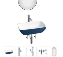Накладная раковина для ванной Wellsee La.chance в наборе 5 в 1: раковина из камня (цвет матовый темно-синий/матовый белый), высокий смеситель, сифон, угловые вентили 2 шт, зеркало 202000171