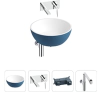 Накладная раковина для ванной Wellsee La.lune в наборе 4 в 1: раковина из искусственного камня (цвет матовый темно-синий/матовый белый), встраиваемый смеситель, сифон 202000265