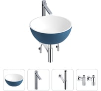 Накладная раковина для ванной Wellsee La.lune в наборе 4 в 1: раковина из камня (цвет матовый темно-синий/матовый белый), высокий смеситель, сифон, угловые вентили 2 шт. 202000115