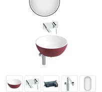 Накладная раковина для ванной Wellsee La.lune в наборе 5 в 1: раковина из искусственного камня (цвет матовый пурпурно-красный/матовый белый), встраиваемый смеситель, сифон, зеркало 202000324