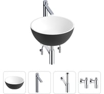 Накладная раковина для ванной Wellsee La.lune в наборе 4 в 1: раковина из камня (цвет матовый черный/матовый белый), высокий смеситель, сифон, угловые вентили 2 шт. 202000113