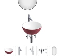 Накладная раковина для ванной Wellsee La.lune в наборе 5 в 1: раковина из камня (цвет матовый пурпурно-красный/матовый белый), высокий смеситель, сифон, угловые вентили 2 шт, зеркало 202000179