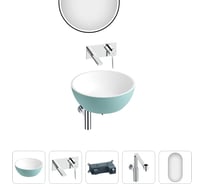 Накладная раковина для ванной Wellsee La.lune в наборе 5 в 1: раковина из искусственного камня (цвет матовый бирюзовый/матовый белый), встраиваемый смеситель, сифон, зеркало 202000326