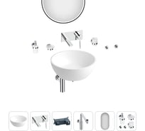 Накладная раковина для ванной Wellsee La.lune в наборе 9 в 1: раковина из камня цвет матовый белый, встраиваемый смеситель, сифон, аксессуары 5 шт, зеркало (цвет набора хром) 202000318