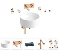 Накладная раковина для ванной Wellsee Le.charme в наборе 8 в 1: раковина из камня в матовом белом цвете, встраиваемый смеситель, сифон, аксессуары 5 шт. (цвет набора розовое золото) 202000294