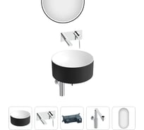 Накладная раковина для ванной Wellsee Le.charme в наборе 5 в 1: раковина из искусственного камня (цвет матовый черный/матовый белый), встраиваемый смеситель, сифон, зеркало 202000332