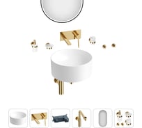 Накладная раковина для ванной Wellsee Le.charme в наборе 9 в 1: раковина из камня цвет матовый белый, встраиваемый смеситель, сифон, аксессуары 5 шт, зеркало (цвет набора золото) 202000329