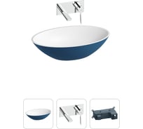 Накладная раковина для ванной Wellsee Le.huit.mars в наборе 3 в 1: раковина из искусственного камня (цвет матовый темно-синий/матовый белый), встраиваемый смеситель 202000202