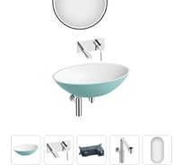 Накладная раковина для ванной Wellsee Le.huit.mars в наборе 5 в 1: раковина из искусственного камня (цвет матовый бирюзовый/матовый белый), встраиваемый смеситель, сифон, зеркало 202000308