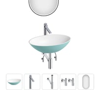 Накладная раковина для ванной Wellsee Le.huit.mars в наборе 5 в 1: раковина из камня (цвет матовый бирюзовый/матовый белый), высокий смеситель, сифон, угловые вентили 2 шт, зеркало 202000163