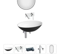 Накладная раковина для ванной Wellsee Le.huit.mars в наборе 5 в 1: раковина из искусственного камня (цвет матовый черный/матовый белый), встраиваемый смеситель, сифон, зеркало 202000305