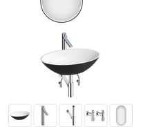 Накладная раковина для ванной Wellsee Le.huit.mars в наборе 5 в 1: раковина из камня (цвет матовый черный/матовый белый), высокий смеситель, сифон, угловые вентили 2 шт, зеркало 202000160