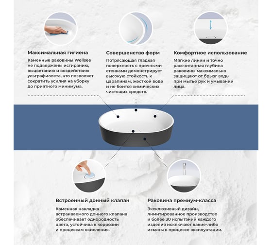 Накладная раковина для ванной Wellsee Le.premier : раковина из искусственного камня для ванной (цвет внутренних стенок матовый белый, цвет внешних стенок матовый черный) 214302000