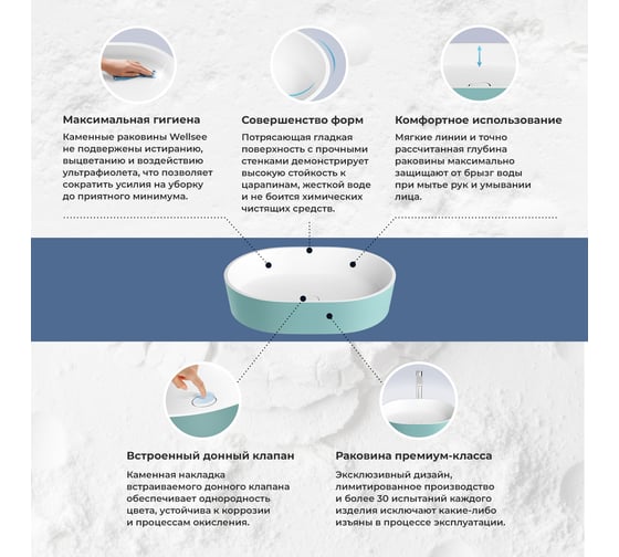 Накладная раковина для ванной Wellsee Le.premier : раковина из искусственного камня для ванной (цвет внутренних стенок матовый белый, цвет внешних стенок матовый бирюзовый) 214305000