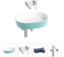 Накладная раковина для ванной Wellsee Le.premier в наборе 4 в 1: раковина из искусственного камня (цвет матовый бирюзовый/матовый белый), встраиваемый смеситель, сифон 202000234