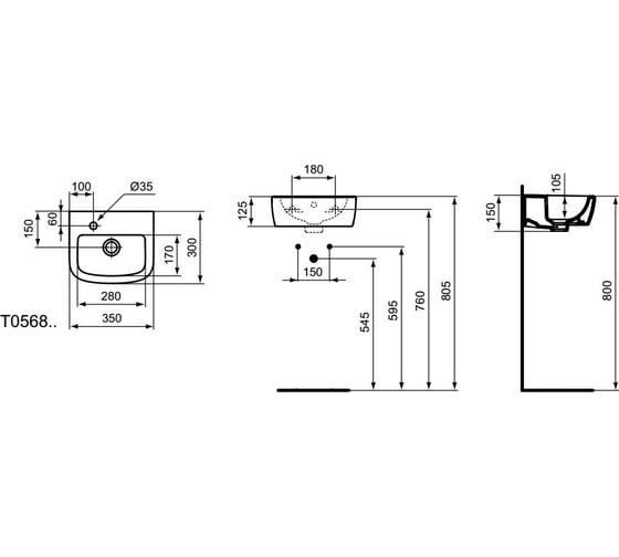 Подвесной умывальник Ideal Standard TEMPO 35 смеситель с левой стороны белый T056801