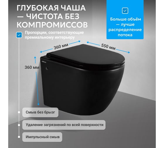 Подвесной унитаза ABBER Bequem черный матовый, безободковый AC1103MB