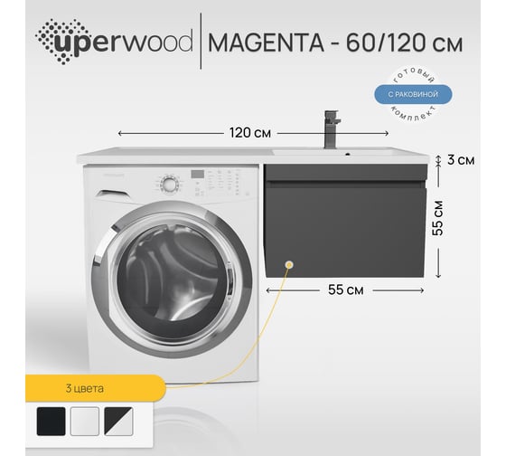 Тумба с раковиной под стиральную машину Uperwood Magenta 60/120 см, подвесная, черная, выдвижной ящик, правая 52930205155