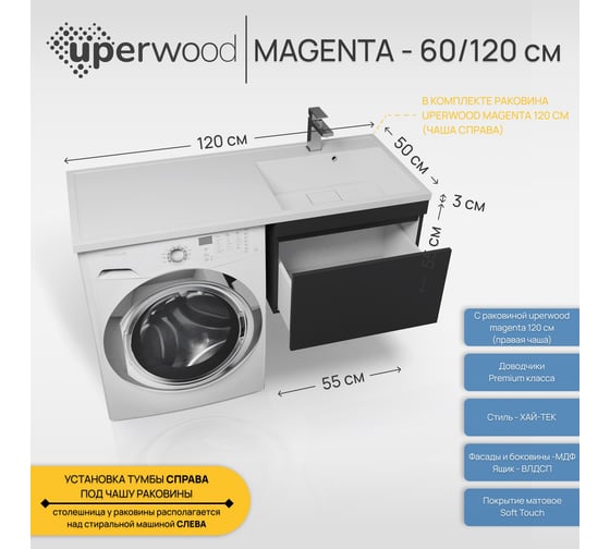 Тумба с раковиной под стиральную машину Uperwood Magenta 60/120 см, подвесная, черная, выдвижной ящик, правая 52930205155