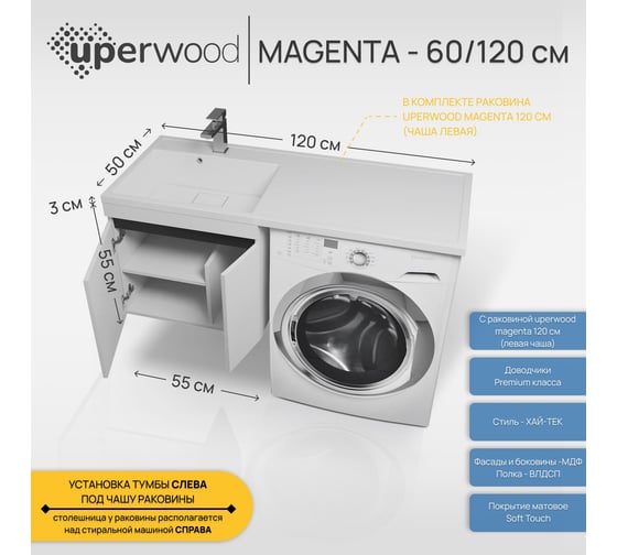 Тумба с раковиной под стиральную машину Uperwood Magenta 60/120 см, подвесная, белая/графит, с дверцами, левая 51930205151