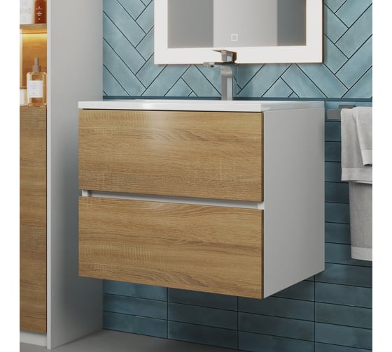 Тумба с раковиной для ванной Uperwood Barsa 60 см, раковина белая, подвесная тумба белая/дуб сонома 2930205646