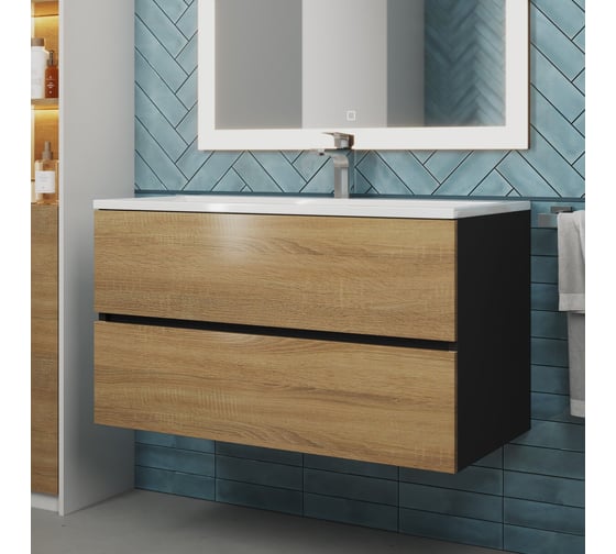 Тумба с раковиной для ванной Uperwood Barsa 90 см, раковина белая, подвесная тумба черная/дуб сонома 29830205649