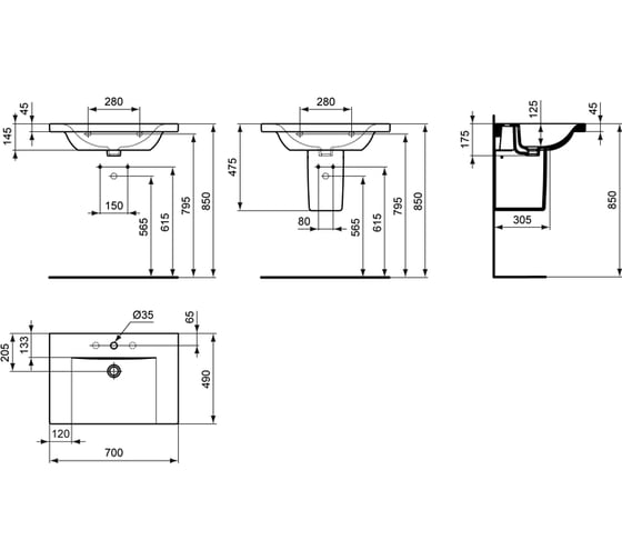 Умывальник IDEAL STANDARD Connect 70 см, 1 отверстие под смеситель E812801 00000025723