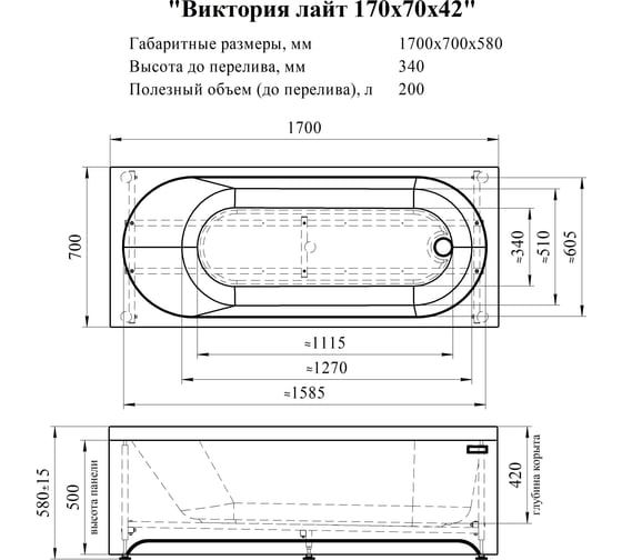 Акриловая ванна Радомир Виктория лайт 170x70x42, каркас (разборный) 2-01-0-0-1-260Р