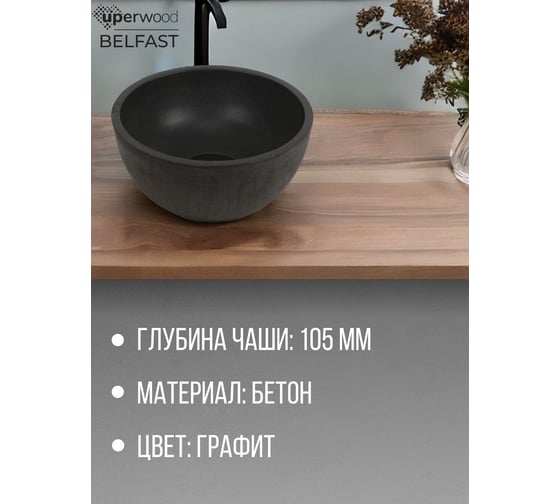 Раковина для ванной накладная Uperwood Belfast 30 см, круглая, графит 2091020327