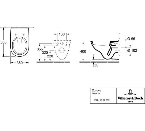 Подвесной унитаз Villeroy & Boch 56601001 360*560 мм, с системой AQUAREDUCT 00000026742