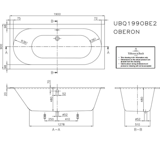 Ванна Villeroy & Boch UBQ199OBE2V-01 190x90 мм, с ножками, белая, материал акрил Quaryl 00000038546