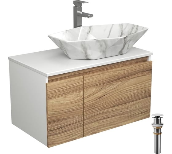 Комплект для ванной Bauedge 4 предмета (Тумба подвесная Bau Blackwood 80 + Раковина BAU 64x40, мрамор + Смеситель Hotel Still, нерж. сталь, выпуск белый) BD2629 1