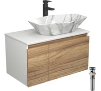 Комплект для ванной Bauedge 4 предмета (Тумба подвесная Bau Blackwood 80 + Раковина BAU 64x40, мрамор + Смеситель высокий Hotel Black, черный, выпуск черный) BD2630