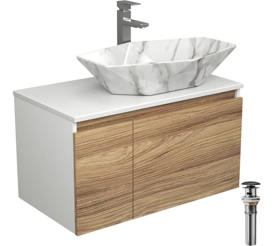 Комплект для ванной Bauedge 4 предмета (Тумба подвесная Bau Blackwood 80 + Раковина BAU 64x40, мрамор + Смеситель Hotel Still, нерж. сталь, выпуск черный) BD2627
