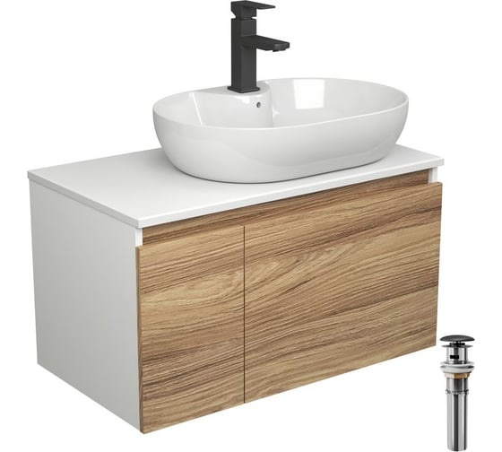 Комплект для ванной Bauedge 4 предмета (Тумба подвесная Bau Blackwood 80 + Раковина BAU 60x42, с отв. под см-ль + Смеситель Hotel Black, выпуск черный) BD2615