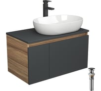 Комплект для ванной Bauedge 4 предмета (Тумба подвесная Bau Blackwood 80 графит + Раковина BAU 59x40 + Смеситель высокий Hotel Black, черный, выпуск черный) BD2737