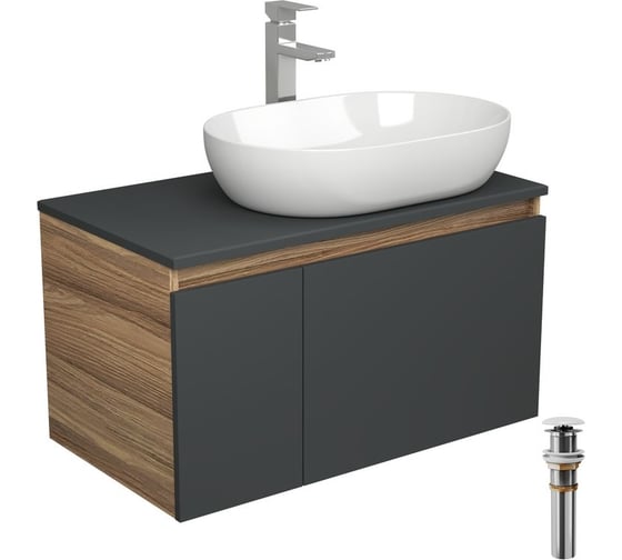Комплект для ванной Bauedge 4 предмета (Тумба подвесная Bau Blackwood 80 графит + Раковина BAU 59x40 + Смеситель Hotel Still, нерж. сталь, выпуск белый) BD2736 1