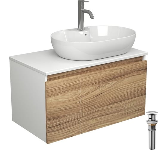 Комплект для ванной Bauedge 4 предмета (Тумба подвесная Bau Blackwood 80 + Раковина BAU 60x42, с отв. под см-ль, Смеситель Dream, нерж. сталь, выпуск) BD2616
