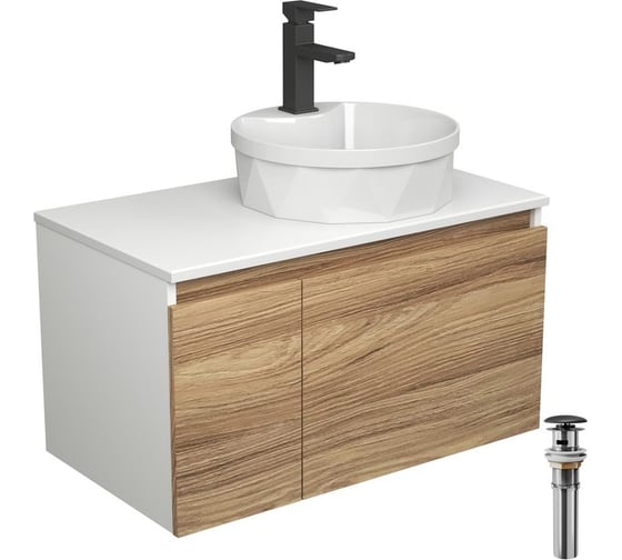 Комплект для ванной Bauedge 4 предмета (Тумба подвесная Bau Blackwood 80 + Раковина BAU D40, с отв. под см-ль + Смеситель Hotel Black, черный, выпуск черный) BD2584 1