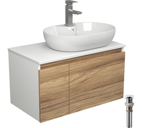 Комплект для ванной Bauedge 4 предмета (Тумба подвесная Bau Blackwood 80 + Раковина BAU 60x42, с отв. под см-ль + Смеситель Hotel Still, выпуск белый) BD2614