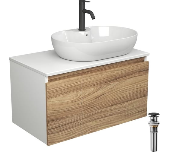 Комплект для ванной Bauedge 4 предмета (Тумба подвесная Bau Blackwood 80 + Раковина BAU 60x42, с отв. под см-ль + Смеситель Dream Black, выпуск черный) BD2618 1