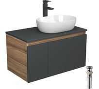 Комплект для ванной Bauedge 4 предмета (Тумба подвесная Bau Blackwood 80 графит + Раковина BAU 48x34 + Смеситель высокий Hotel Black, черный, выпуск черный) BD2717