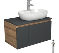 Комплект для ванной Bauedge 4 предмета (Тумба подвесная Bau Blackwood 80 графит + Раковина BAU 60x42, с отв. под см-ль, Смеситель Hotel, нерж. сталь, выпуск) BD2777