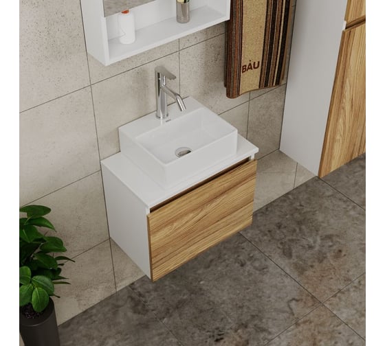 Комплект для ванной Bauedge 4 предмета (Тумба подвесная под раковину Bau 50 + раковина BAU 33x28 + смеситель Dream, нержавеющая сталь, выпуск) BD2415