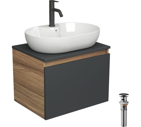 Комплект для ванной Bauedge 4 предмета (Тумба подвесная Blackwood 60 графит + Раковина BAU 60x42, с отв. под см-ль + Смеситель Dream Black, выпуск черный) BD2705 1