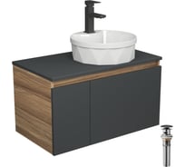 Комплект для ванной Bauedge 4 предмета (Тумба подвесная Bau Blackwood 80 графит + Раковина BAU D40, с отв. под см-ль + Смеситель Hotel Black, выпуск черный) BD2748
