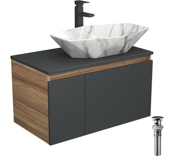 Комплект для ванной Bauedge 4 предмета (Тумба подвесная Bau Blackwood 80 графит + Раковина BAU 64x40, мрамор + Смеситель Hotel Black, черный, выпуск черный) BD2794 1