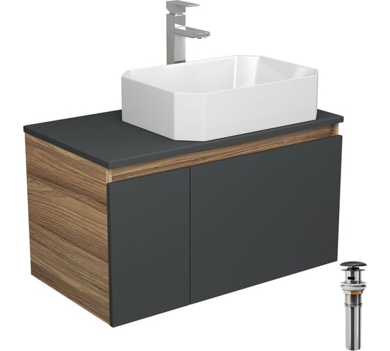 Комплект для ванной Bauedge 4 предмета (Тумба подвесная Bau Blackwood 80 графит + Раковина BAU Hotel 51x37 + Смеситель Hotel Still, выпуск черный) BD2724 1