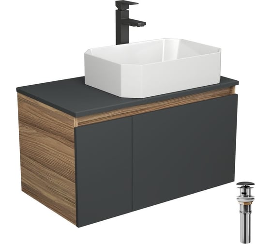 Комплект для ванной Bauedge 4 предмета (Тумба подвесная Bau Blackwood 80 графит + Раковина BAU Hotel 51x37 + Смеситель Hotel Black, черный, выпуск черный) BD2727 1
